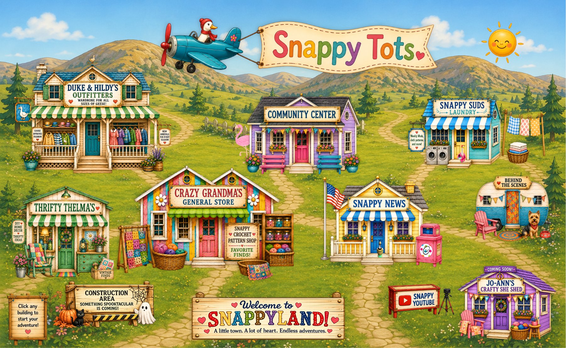 Snappyland town map — click a shop to visit