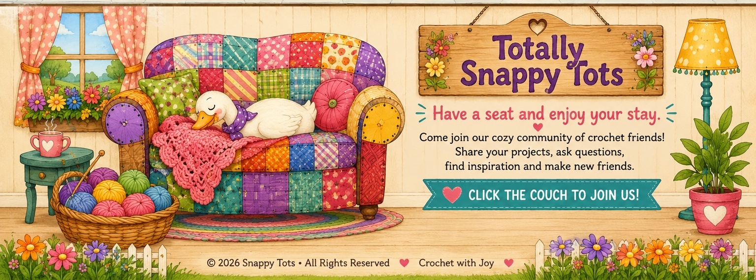 Cozy patchwork couch and yarn scene for the Totally Snappy Tots Facebook group