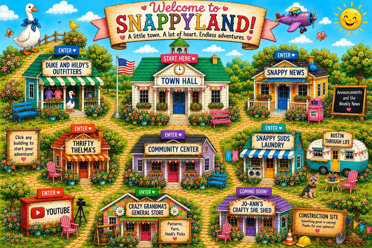 Illustrated map of Snappyland with clickable shops and destinations