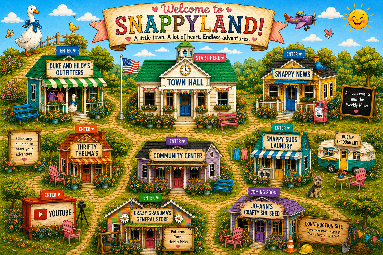 Illustrated map of Snappyland with clickable shops and community buildings