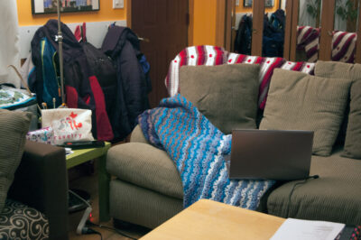 Tamara's crochet spot looks very cozy with her Moogly afghans.