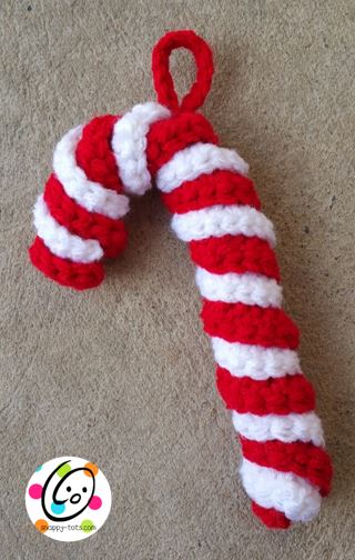 Free crochet pattern for a candy cane ornament.