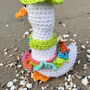 Ready to adopt! Augusta the Desk Goose in Beach Outfit