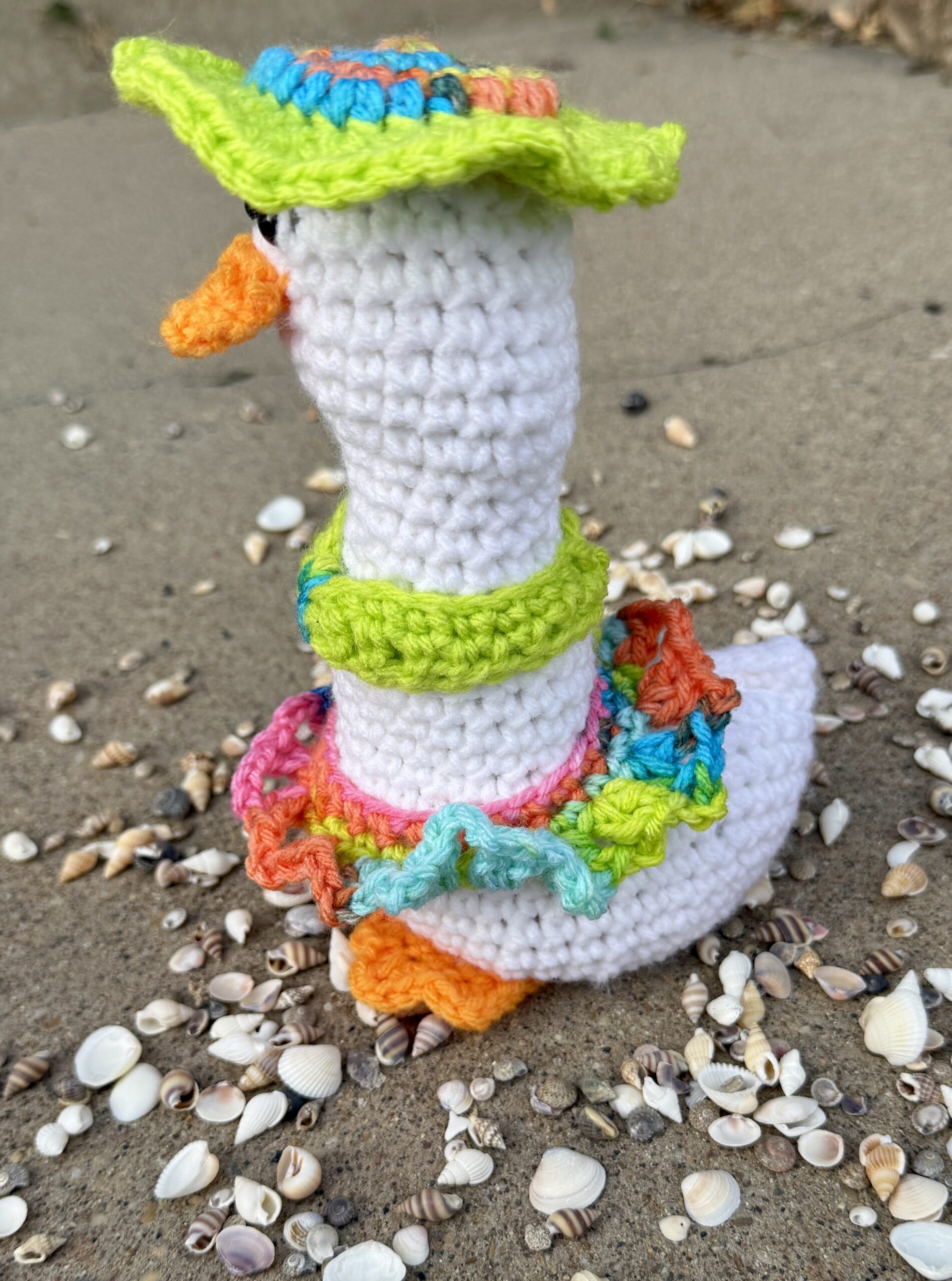 Ready to adopt! Augusta the Desk Goose in Beach Outfit