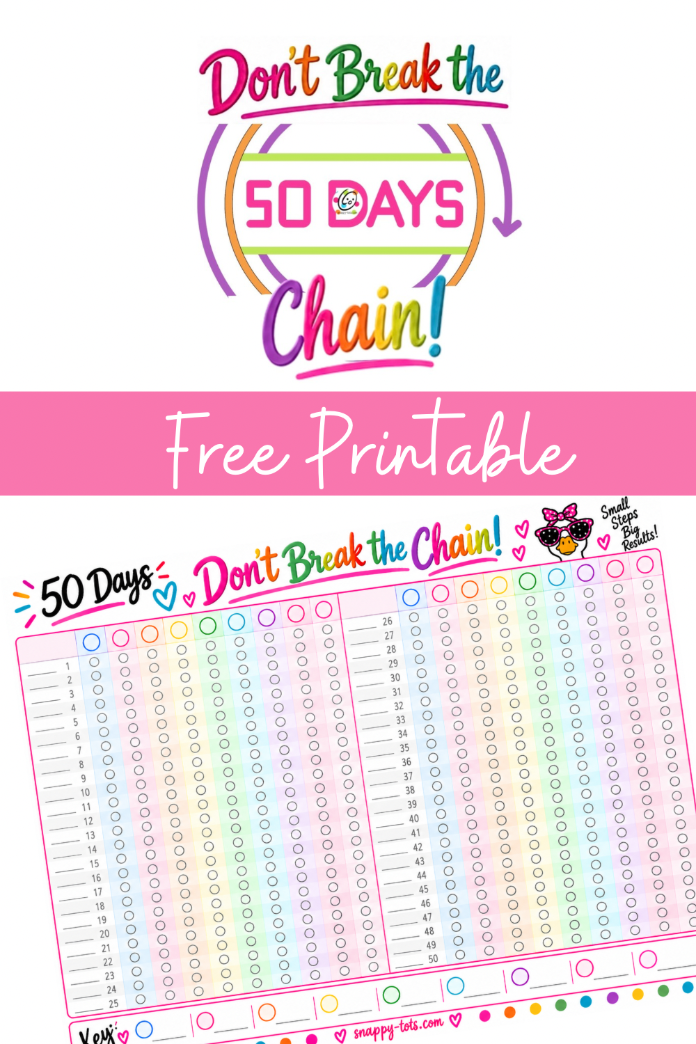 Free Printable 50-Day Don't Break the Chain Challenge Tracker