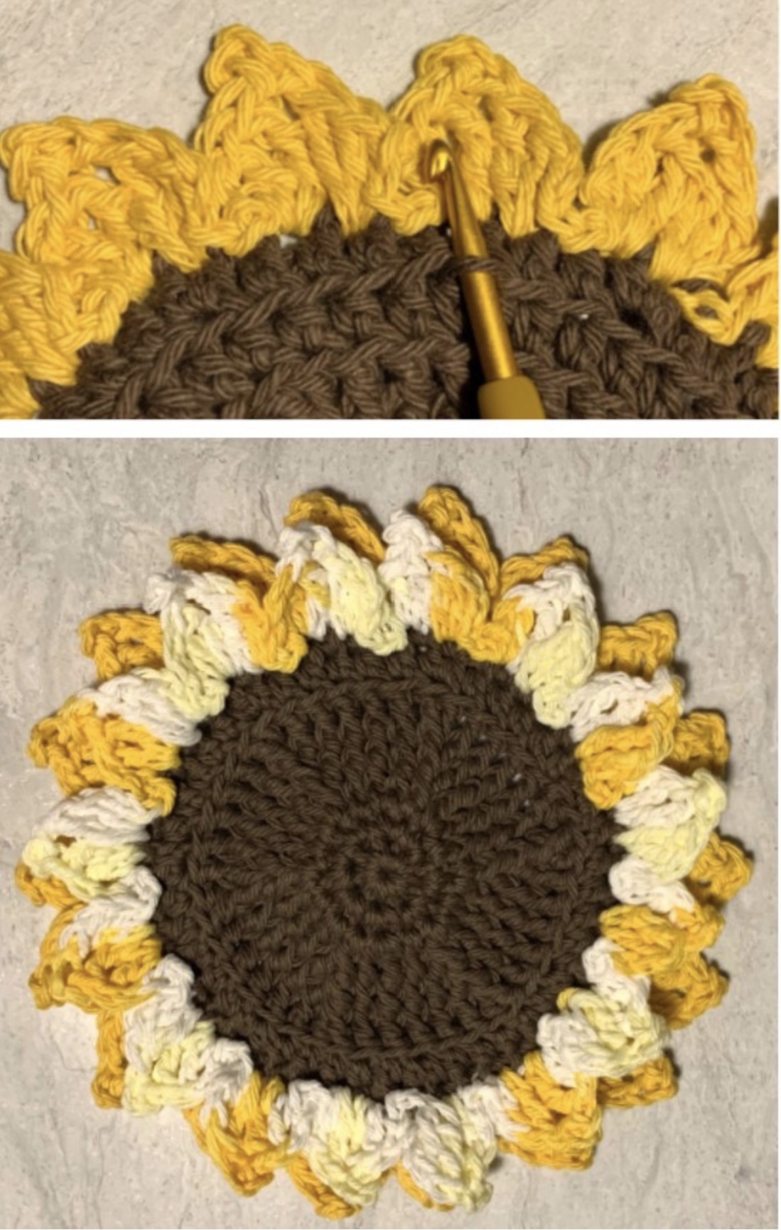 Middle round of staggered crochet petals on the Kitchen Sunflowers Trivet