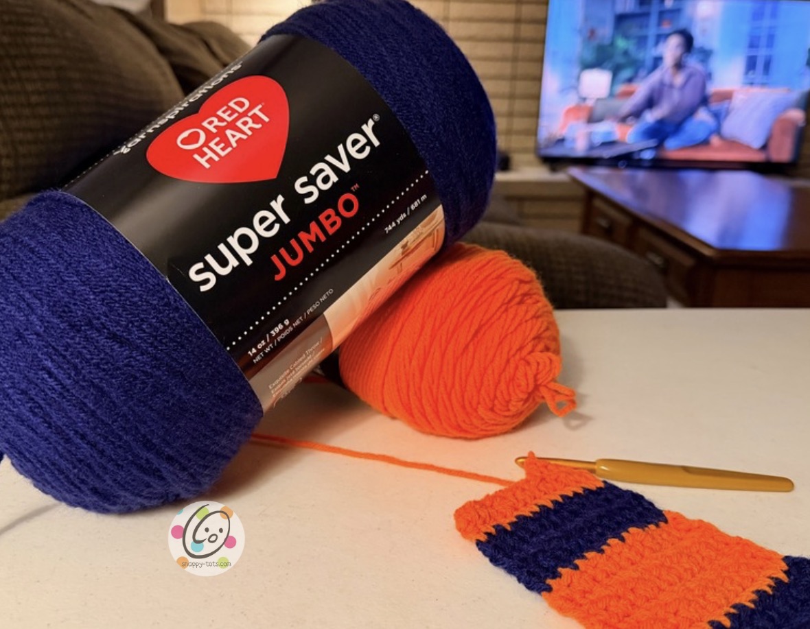 Crochet team spirit scarf for a porch goose in Denver Broncos colors by Snappy Tots