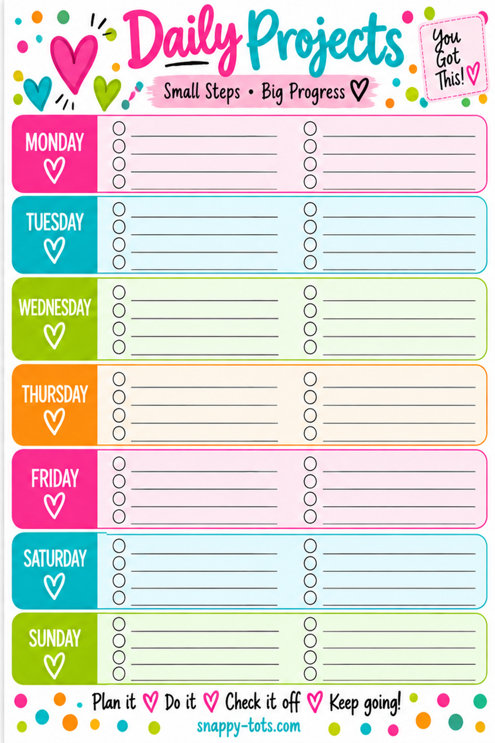 Free Snappy Tots Daily Projects weekly checklist without goose
