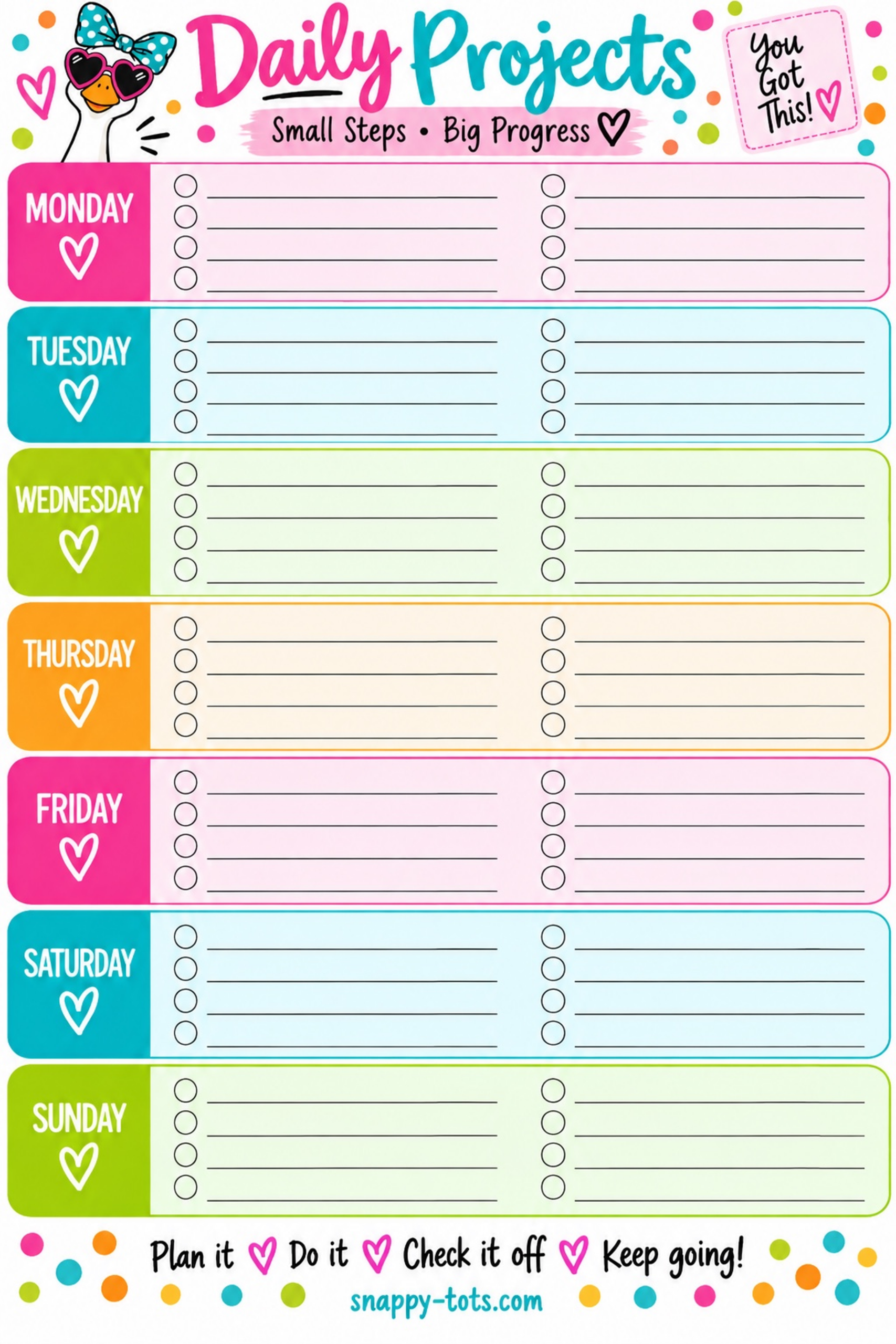 Free Snappy Tots Daily Projects weekly checklist with goose