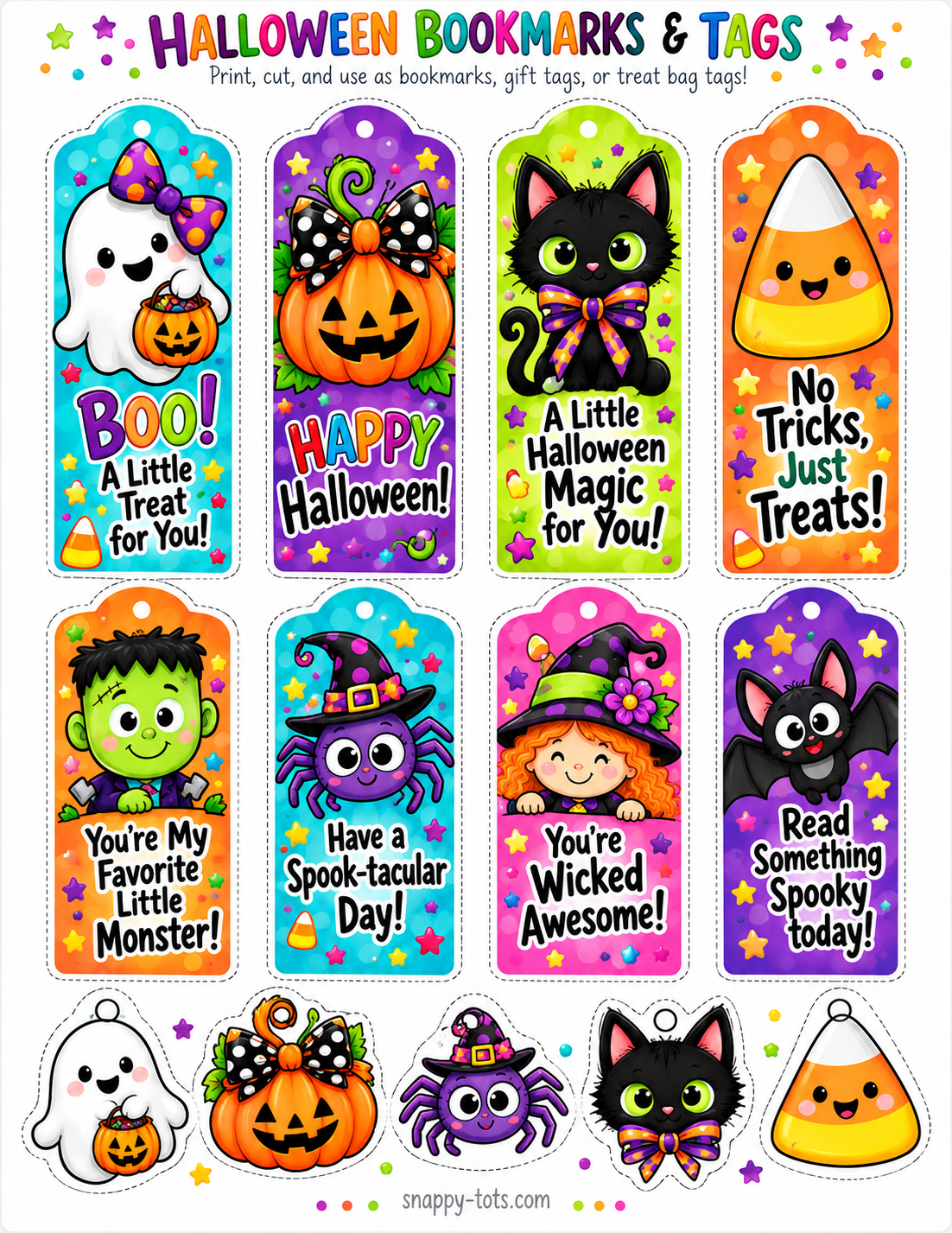 Free Halloween bookmarks and gift tags with colorful Halloween characters