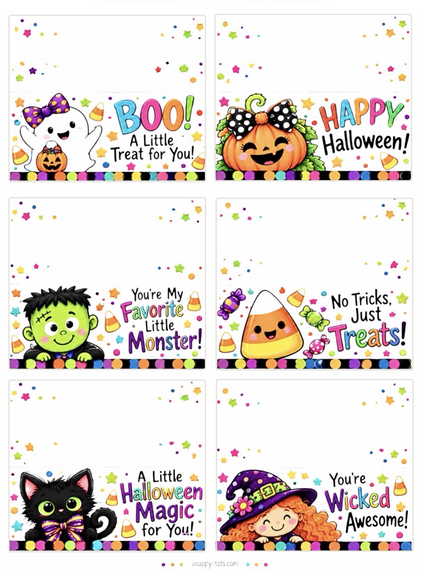 Free printable Halloween treat bag toppers with ghosts, pumpkins, candy corn, cats, witches and monsters