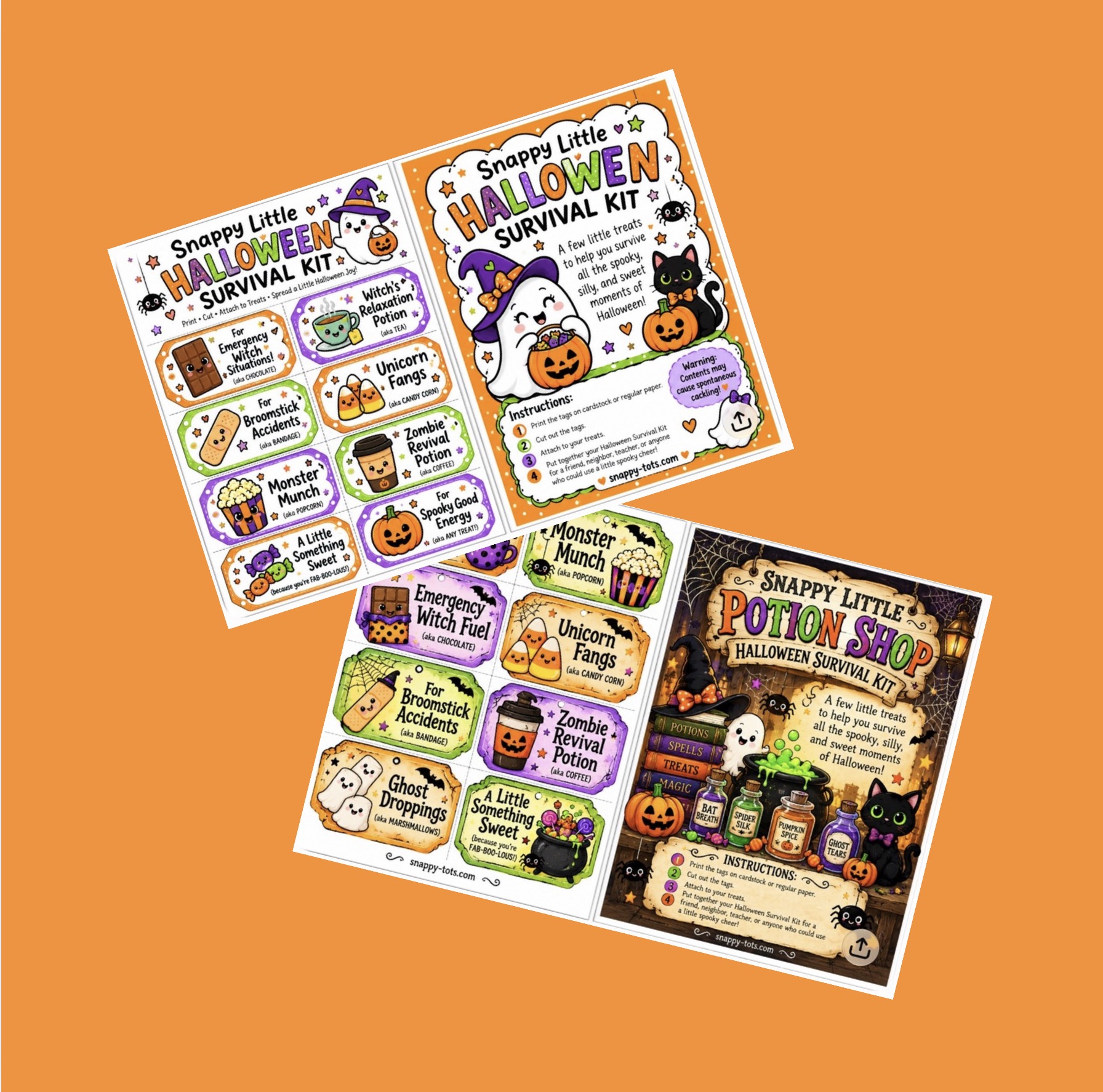 Two free Halloween Survival Kit printable designs from Snappy Tots
